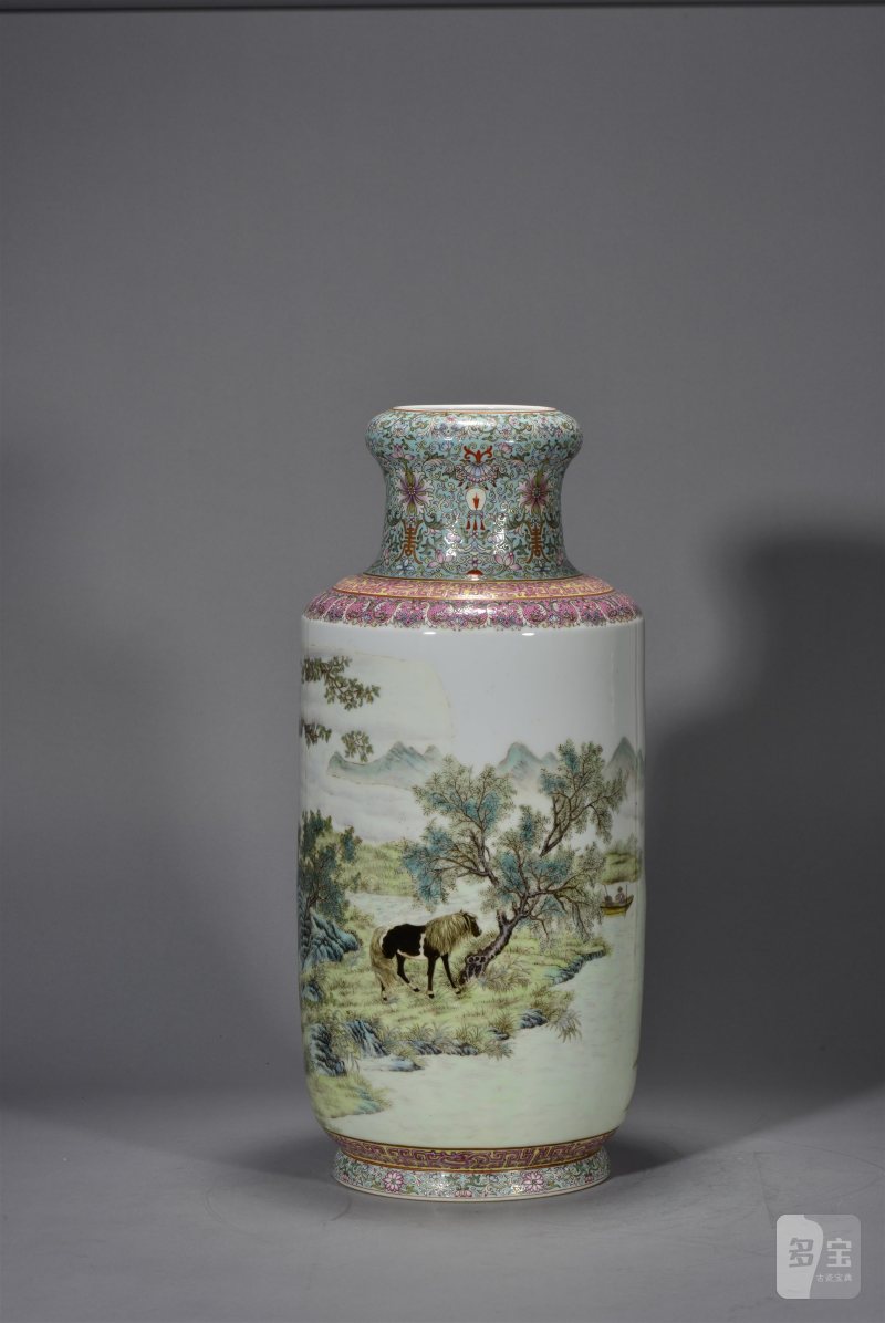 民国 松石绿地粉彩松荫八骏图灯笼瓶 - 图4
